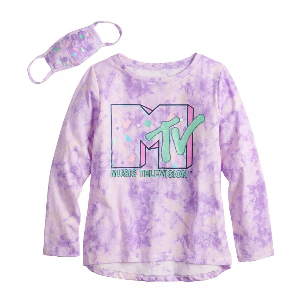 Girls MTV Purple Tie Dye Graphic Tee with Face Mask Girl's Size XS (4-5)